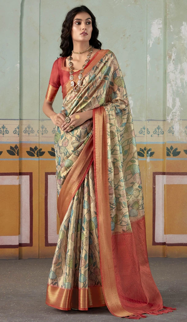 Stunning Multi Color Tissue Silk Flower Print Work Party Wear Saree - 8583183141