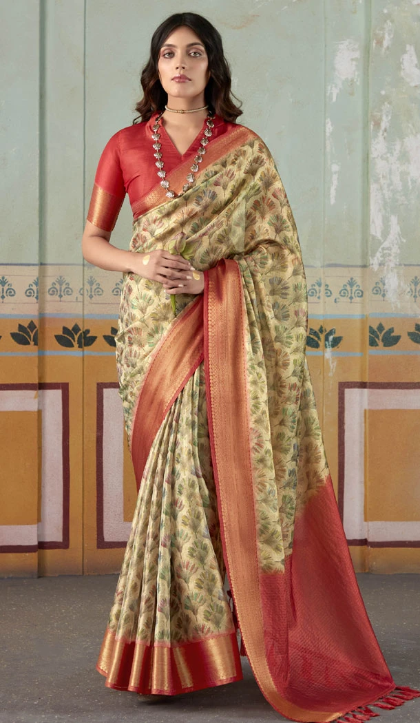 Enchanting Multi Color Tissue Silk Flower Print Work  Saree - 8583183142