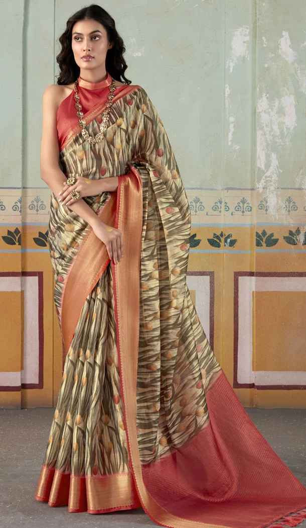 Attractive Cream Tissue Silk Flower Print Work Party Wear Saree - 8583183145 Attractive Cream Tissue Silk Flower Print Work Party Wear Saree - 8583183145