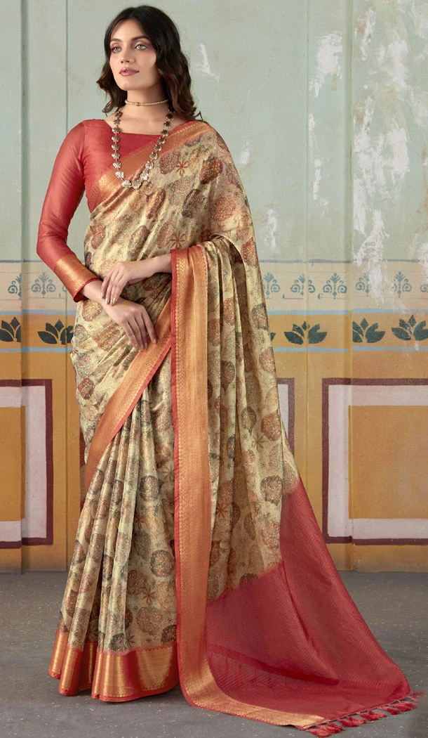 Mesmerizing Cream Tissue Silk Flower Print Work Traditional Saree - 8583183147