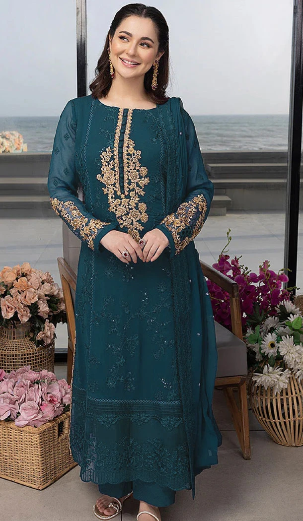 Georgette Rama Blue Color Embroidery Work Pakistani Salwar Kameez - 8590183188