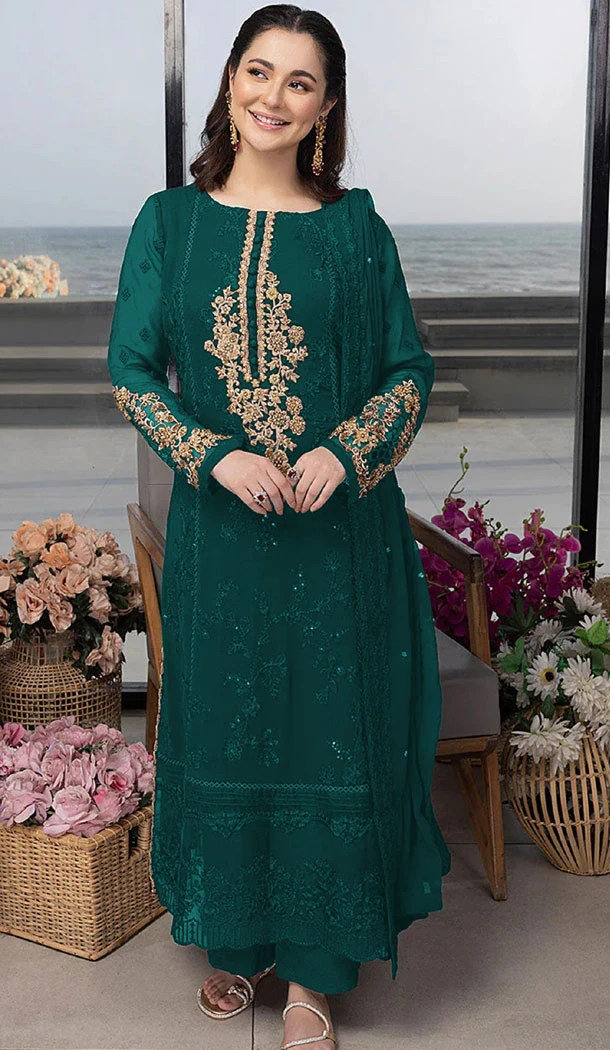 Georgette Teal Green Color Embroidery Work Pakistani Salwar Kameez - 8590183191