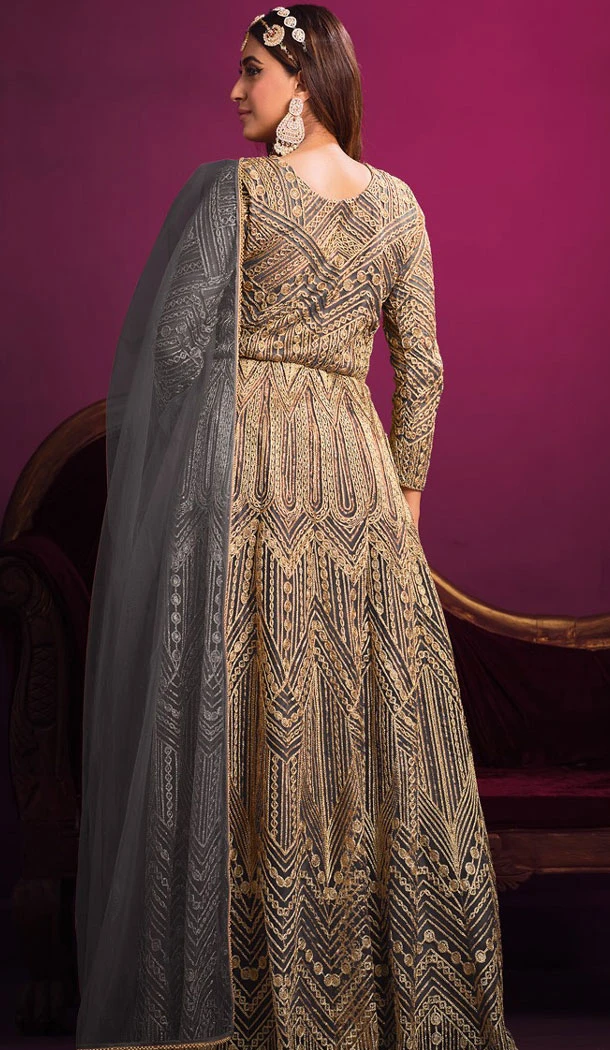 Embroidery Work Grey Color Net Pakistani Salwar Suit - 8591183195