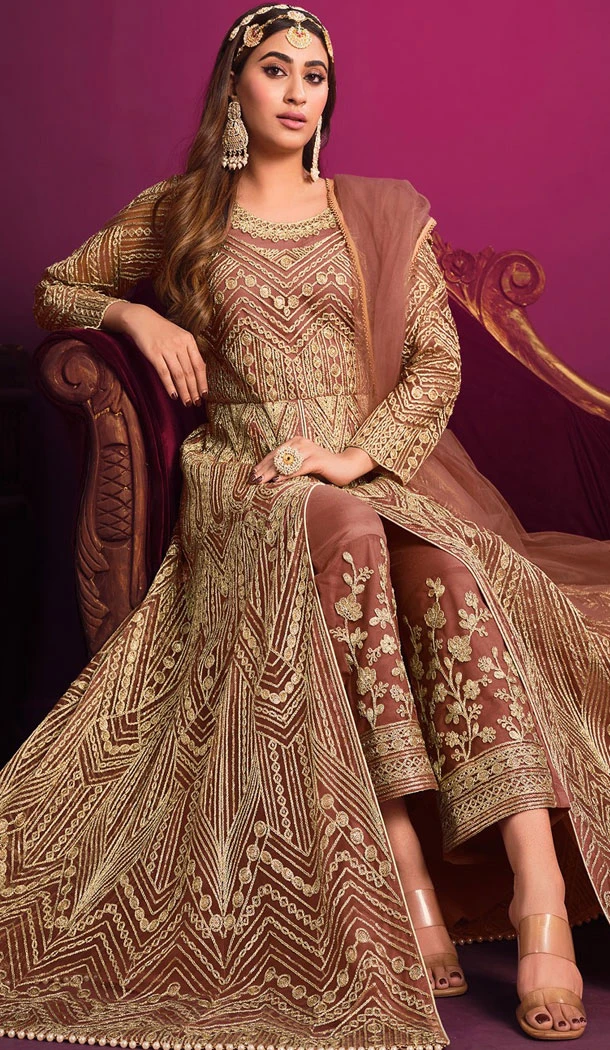 Embroidery Work Mauve Color Net Pakistani Salwar Suit - 8591183196