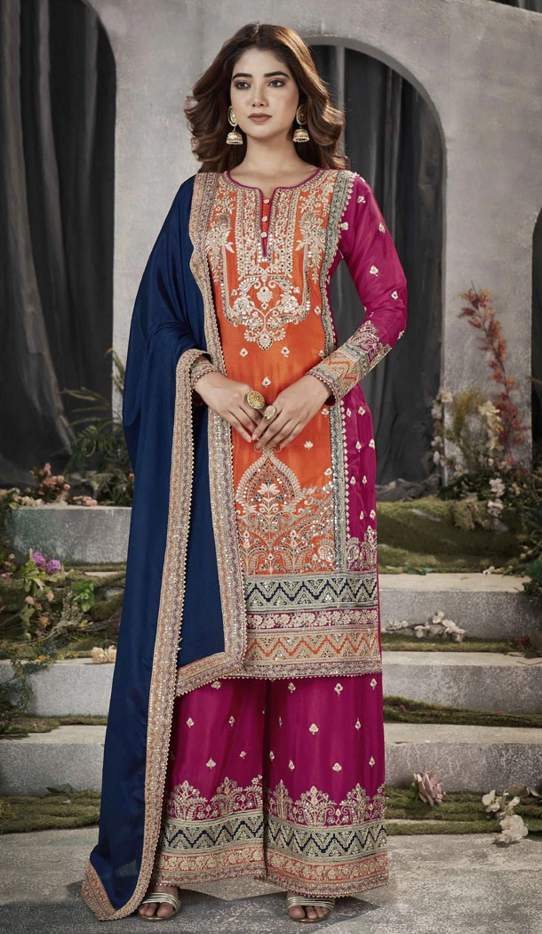 Pure Chinon Real Mirror Work Orange Designer Palazzo Salwar Suit - 8592183197