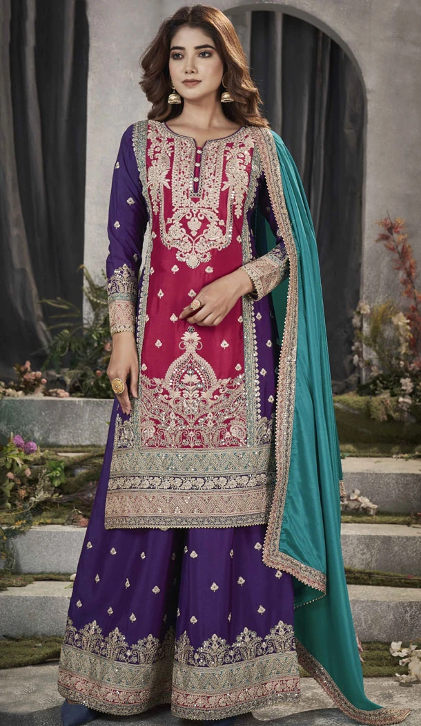 Pure Chinon Real Mirror Work Rani Pink Designer Palazzo Salwar Suit - 8592183198