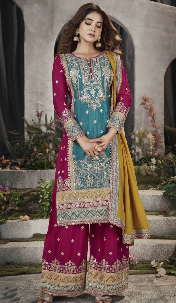 Pure Chinon Real Mirror Work Teal Blue Designer Palazzo Salwar Suit - 8592183199