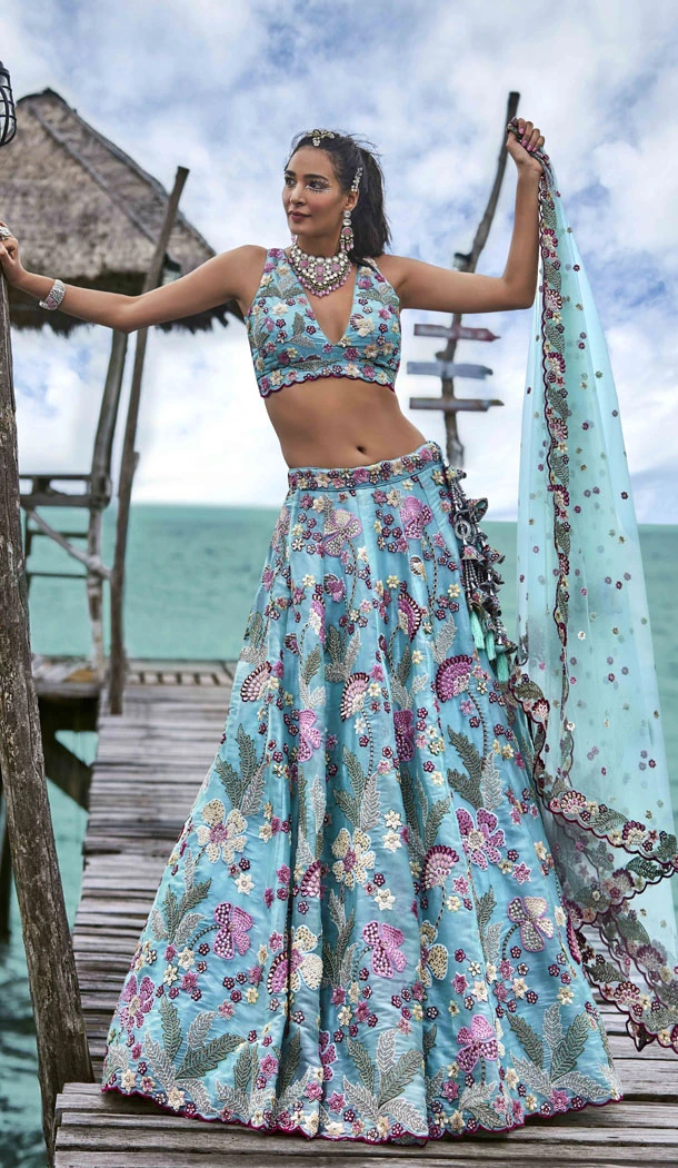 Organza With Embroidery Work Bridal Lehenga Choli In Turquoise Blue - 8593183201