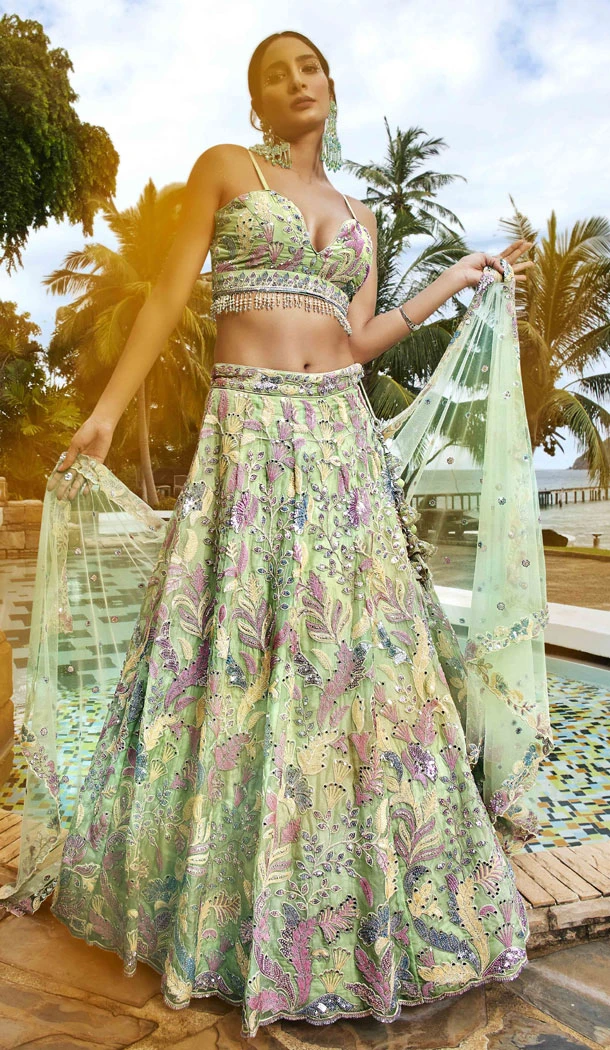 Organza With Embroidery Work Bridal Lehenga Choli In Lime Green - 8593183206