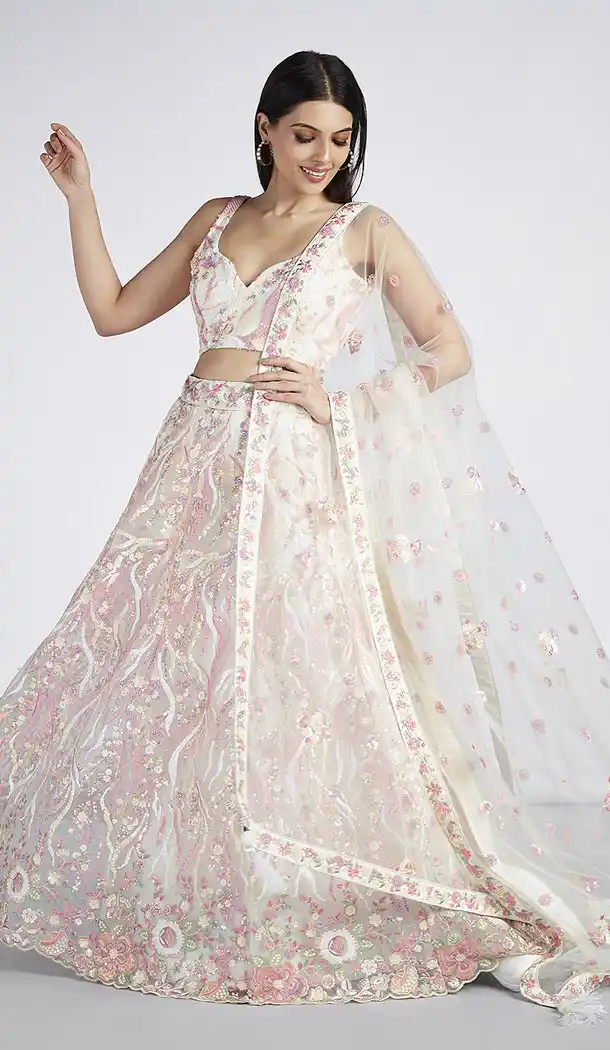 Net Embroidery Work Cream Color Designer Lehenga Choli - 8594183209