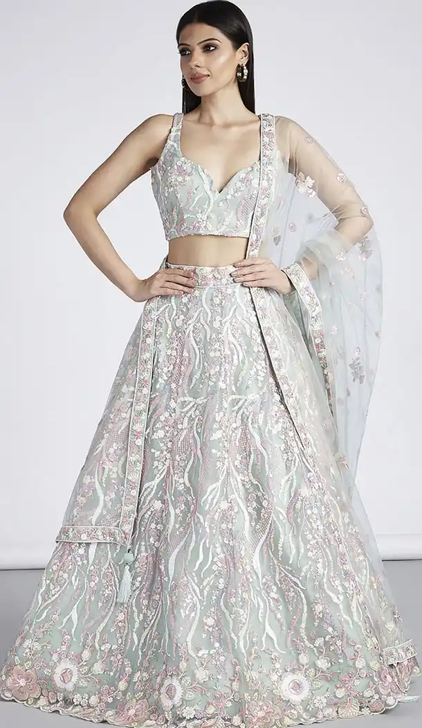 Net Embroidery Work Lime Green Color Designer Lehenga Choli - 8594183210