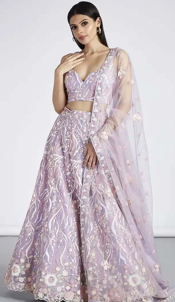 Net Embroidery Work Mauve Color Designer Lehenga Choli - 8594183211