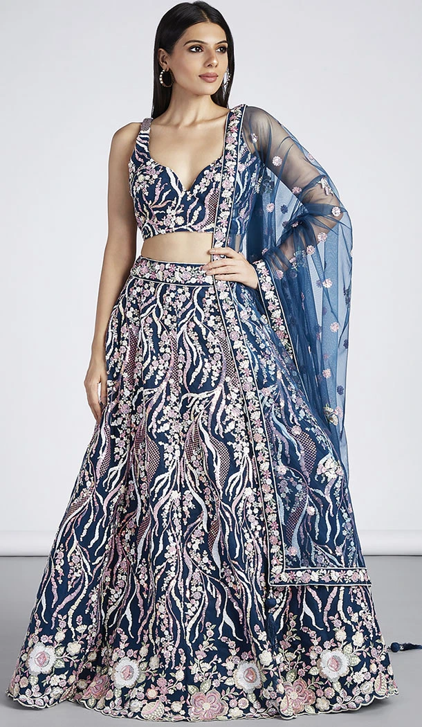 Net Embroidery Work Navy Blue Color Designer Lehenga Choli - 8594183212