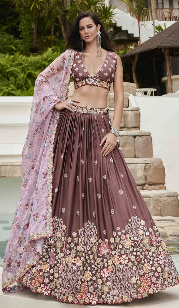 Rose Gold Poly Georgette Embroidery Work Lehenga Choli - 8595183216