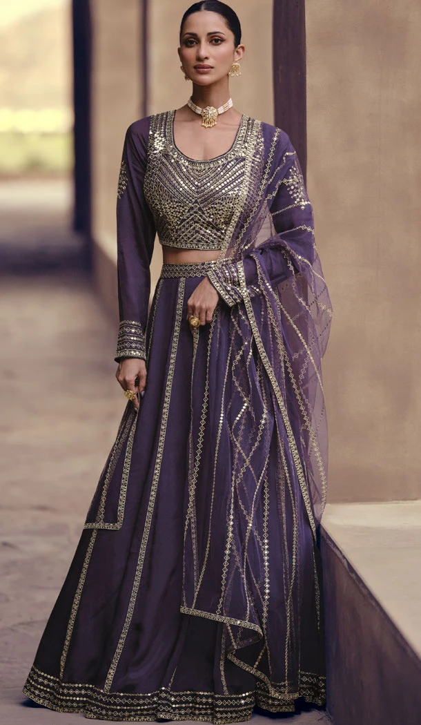 Real Chinon Silk Embroidered Wine Color Designer Lehenga Choli - 8600183229