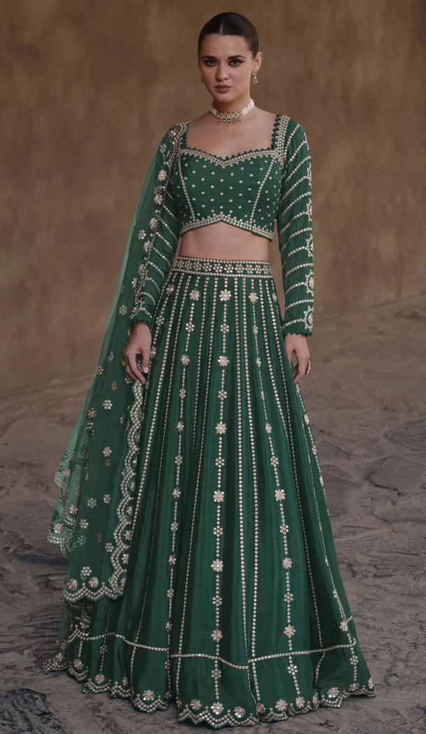 Real Chinon Silk Embroidered Green Color Designer Lehenga Choli - 8600183231