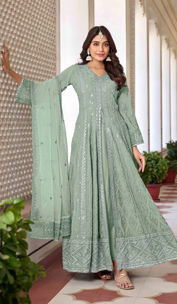 Sea Green Faux Georgette Embroidery Work Designer Salwar Kameez - 8601183232