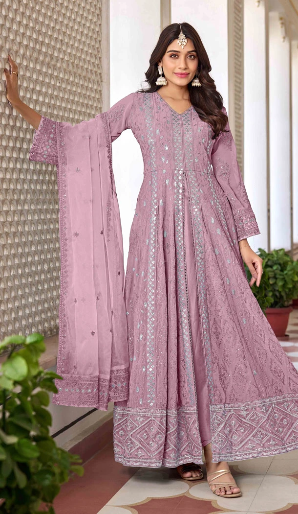 Lavender Faux Georgette Embroidery Work Designer Salwar Kameez - 8601183233