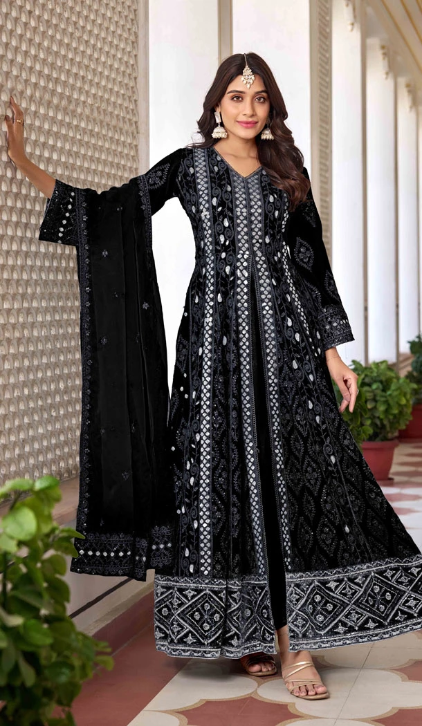 Black Faux Georgette Embroidery Work Designer Salwar Kameez - 8601183234