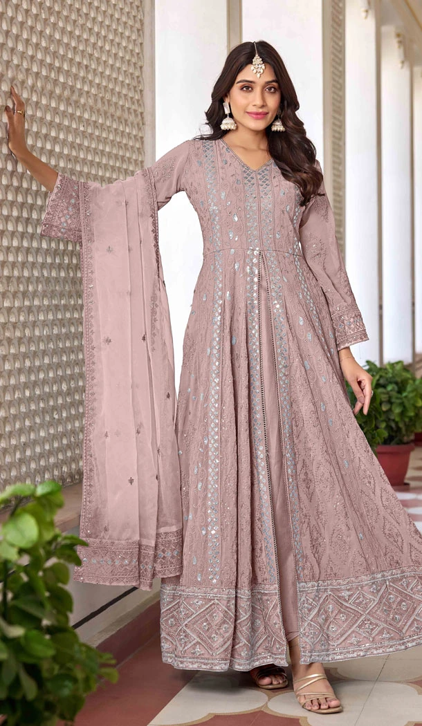 Mauve Faux Georgette Embroidery Work Designer Salwar Kameez - 8601183235