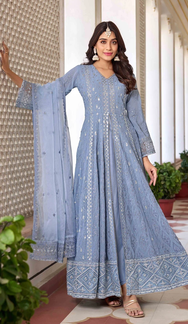 Blue Faux Georgette Embroidery Work Designer Salwar Kameez - 8601183236