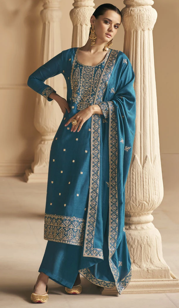 Rama Blue Color Premium Silk Embroidery Work Palazzo Suit - 8602183237