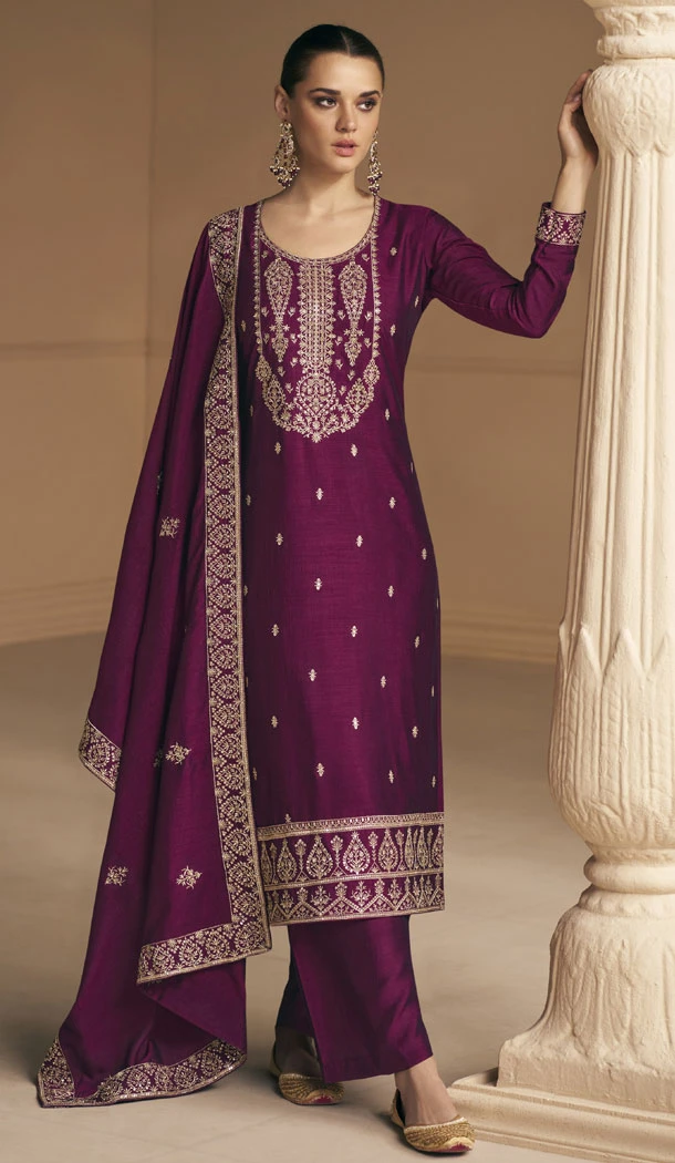 Purple Color Premium Silk Embroidery Work Palazzo Suit - 8602183238