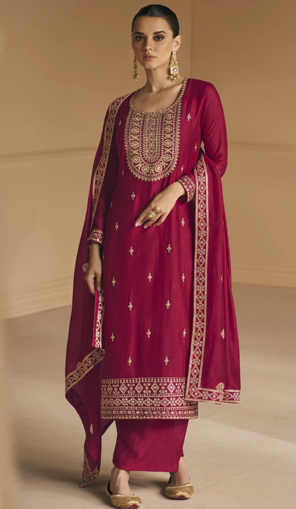 Pink Color Premium Silk Embroidery Work Palazzo Suit - 8602183239