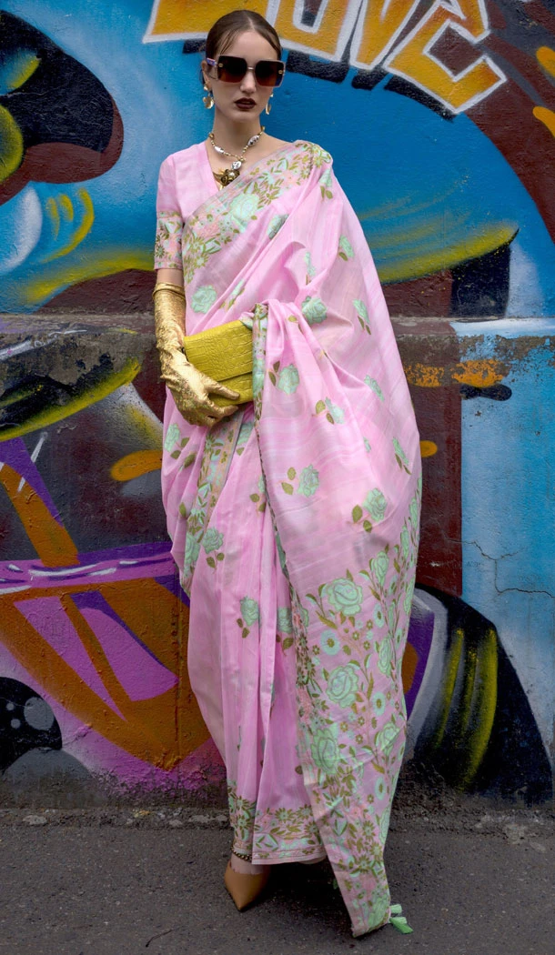 Jacquard Work Pink Color Weaving Silk Indian Saree - 8603183242