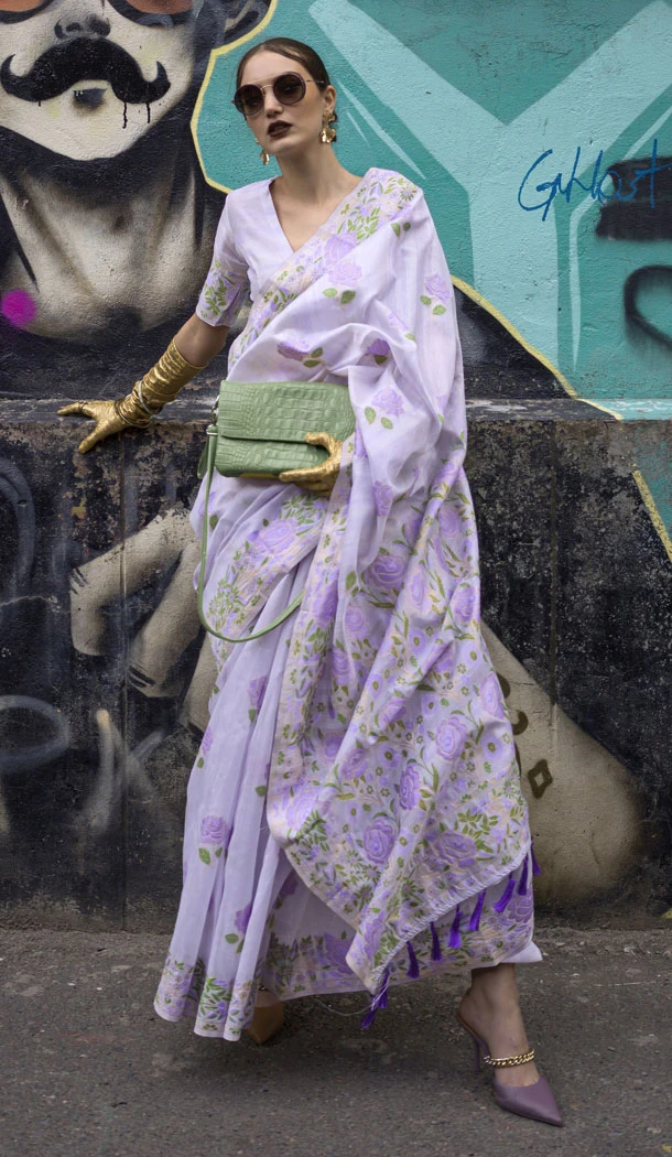 Jacquard Work Lavender Color Weaving Silk Indian Saree - 8603183245 Jacquard Work Lavender Color Weaving Silk Indian Saree - 8603183245