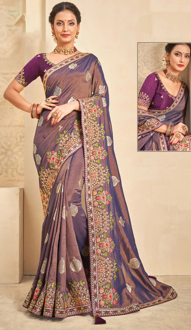 Purple Color Khadi Silk Embroidery Work Traditional Wear Saree - 8604183246