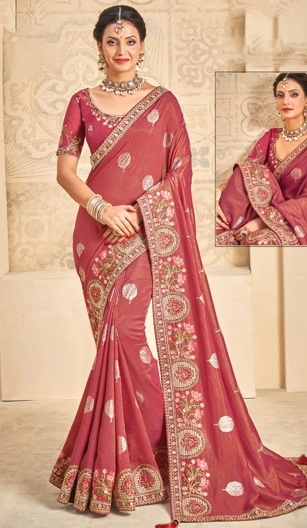 Pink Color Khadi Silk Embroidery Work Traditional Wear Saree - 8604183248