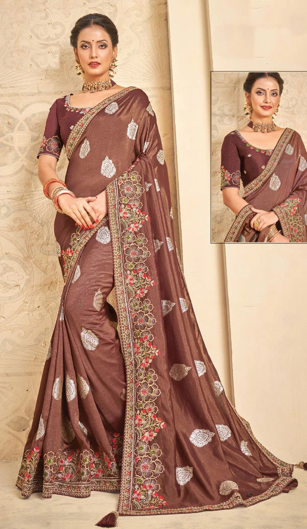 Mauve Color Khadi Silk Embroidery Work Traditional Wear Saree - 8604183249