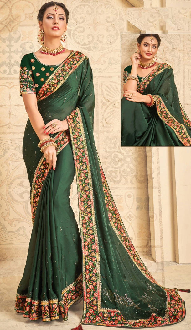 Green Satin Silk Embroidery Work Traditional Wear Saree - 8604183250