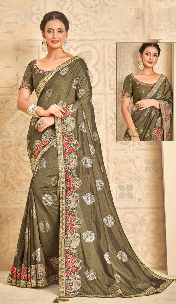 Brown Color Khadi Silk Embroidery Work Traditional Wear Saree - 8604183251