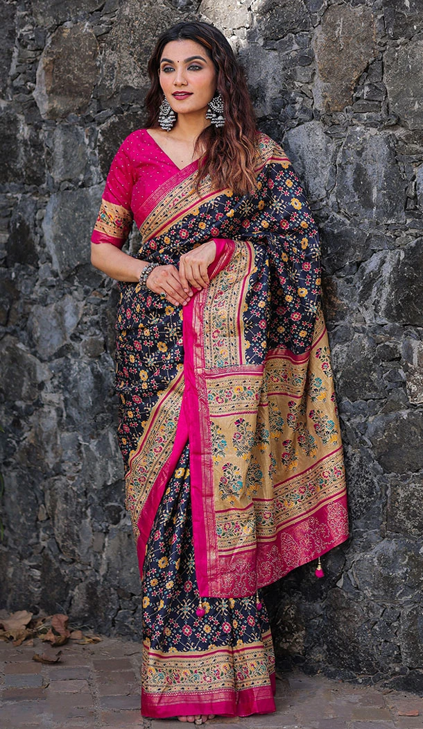 Dola Silk Foil Print And Stone Work Party Wear Saree In Navy Blue - 8607183260