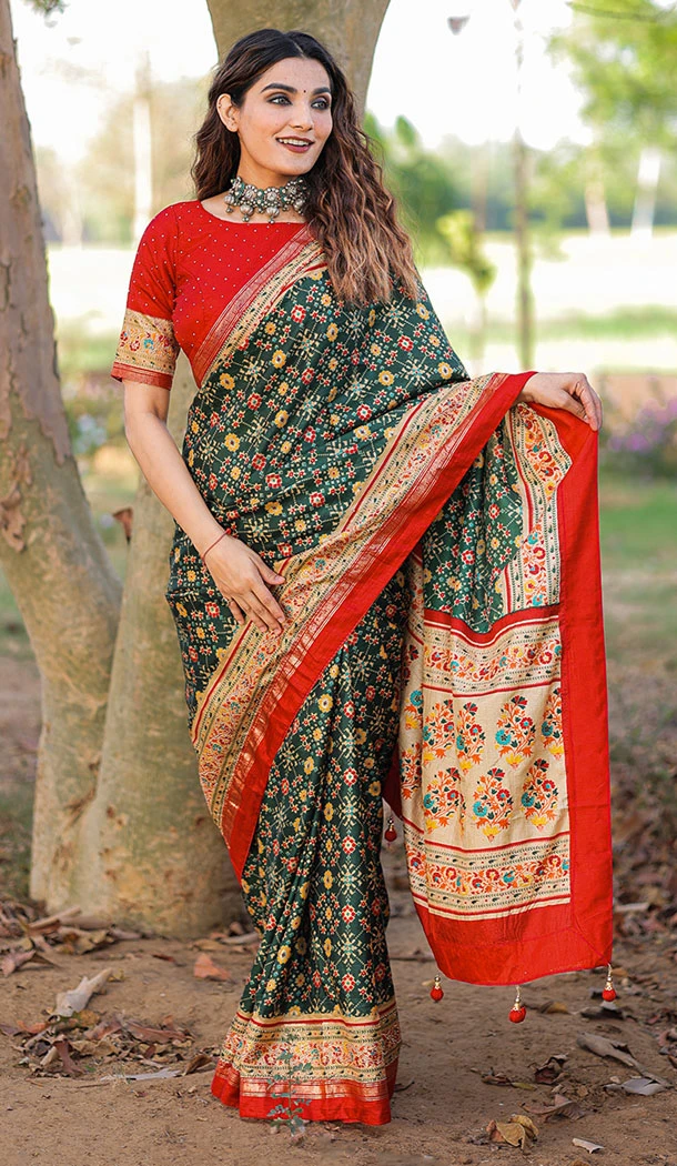 Dola Silk Foil Print And Stone Work Party Wear Saree In Green - 8607183261