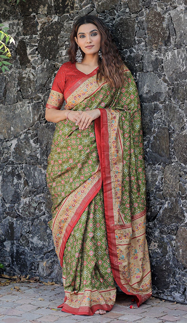 Dola Silk Foil Print And Stone Work Party Wear Saree In Mehendi - 8607183262