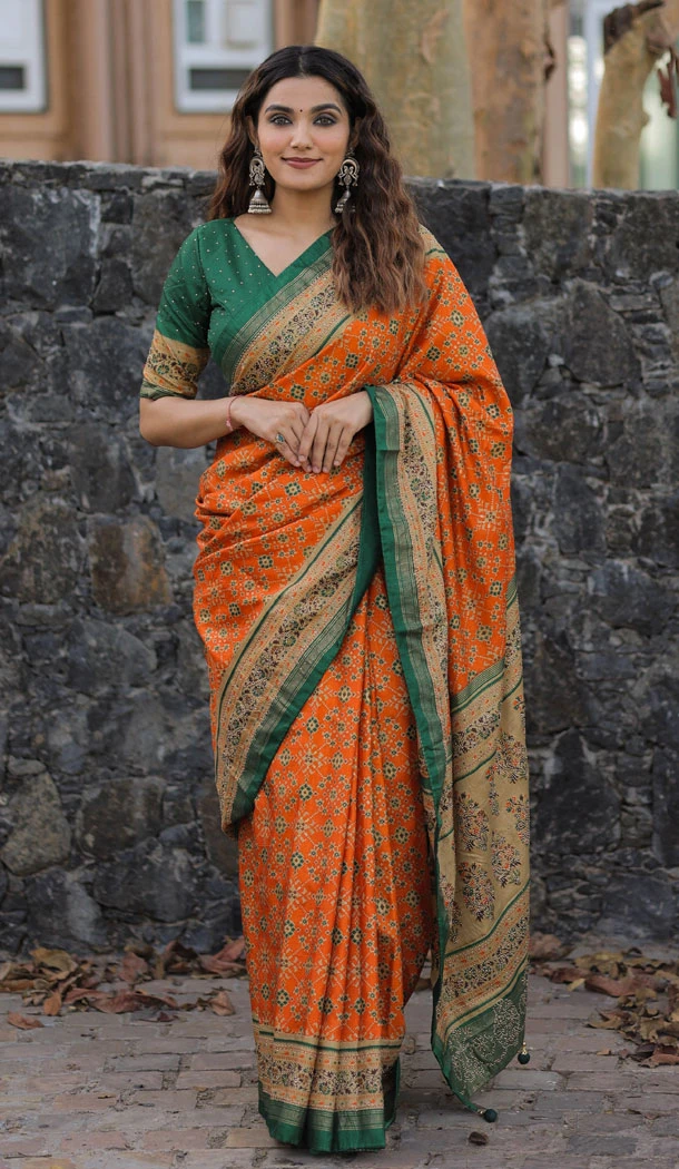 Dola Silk Foil Print And Stone Work Party Wear Saree In Orange - 8607183263