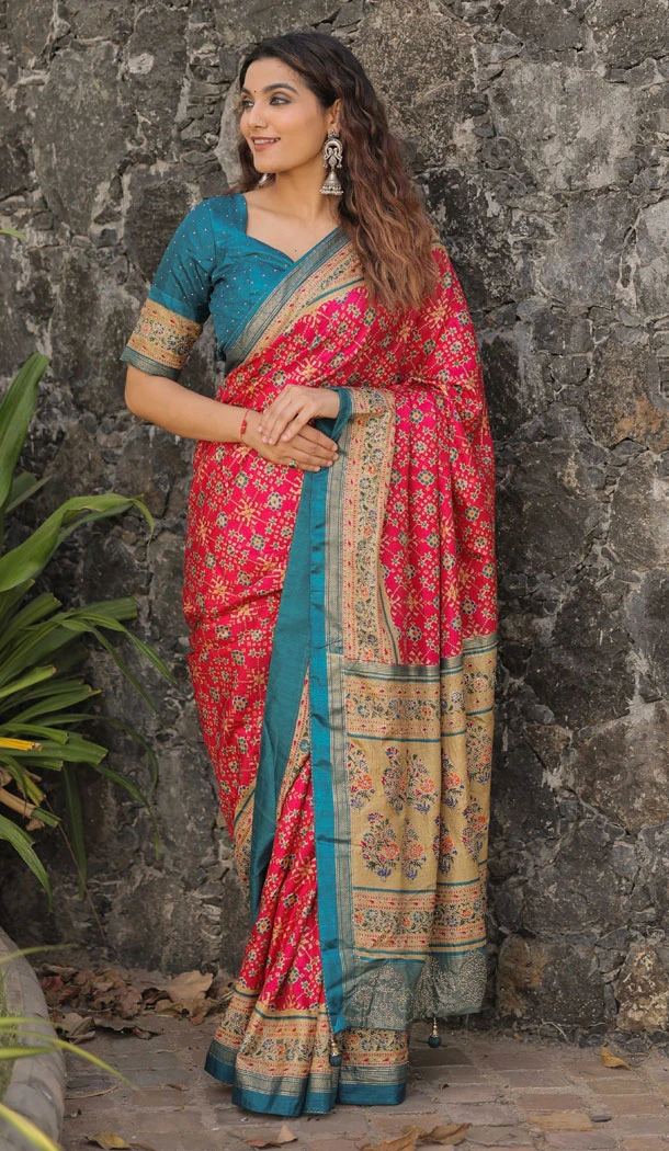 Dola Silk Foil Print And Stone Work Party Wear Saree In Pink - 8607183264
