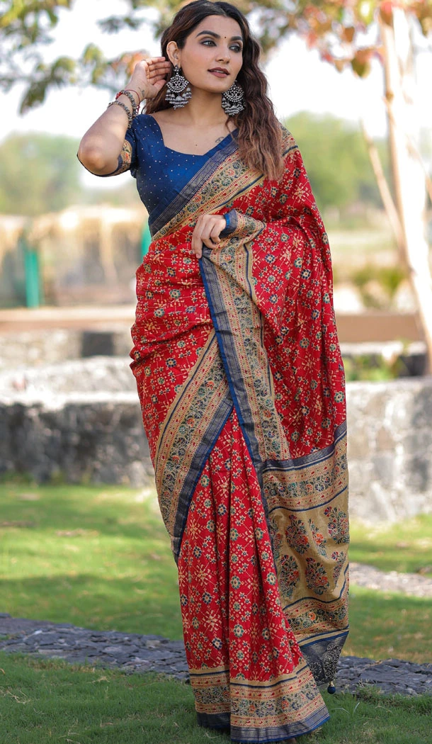Dola Silk Foil Print And Stone Work Party Wear Saree In Red - 8607183265