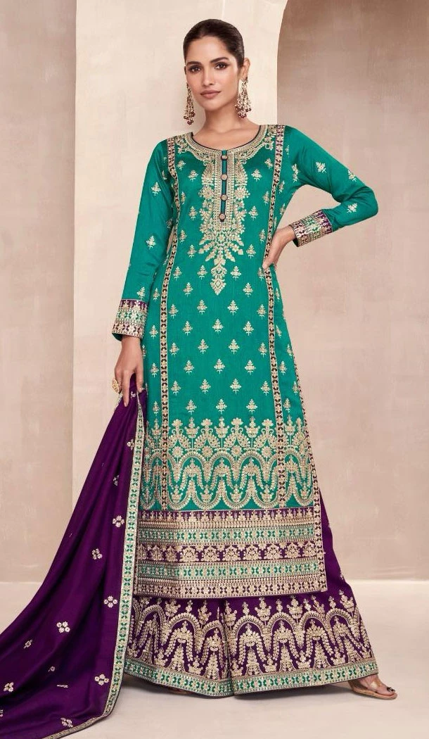 Premium Silk Rama Blue Color Embroidery Work Palazzo Suit - 8611183283