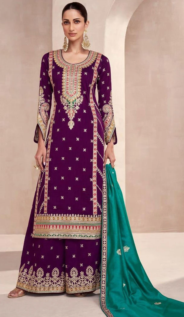 Premium Silk Purple Color Embroidery Work Palazzo Suit - 8611183285