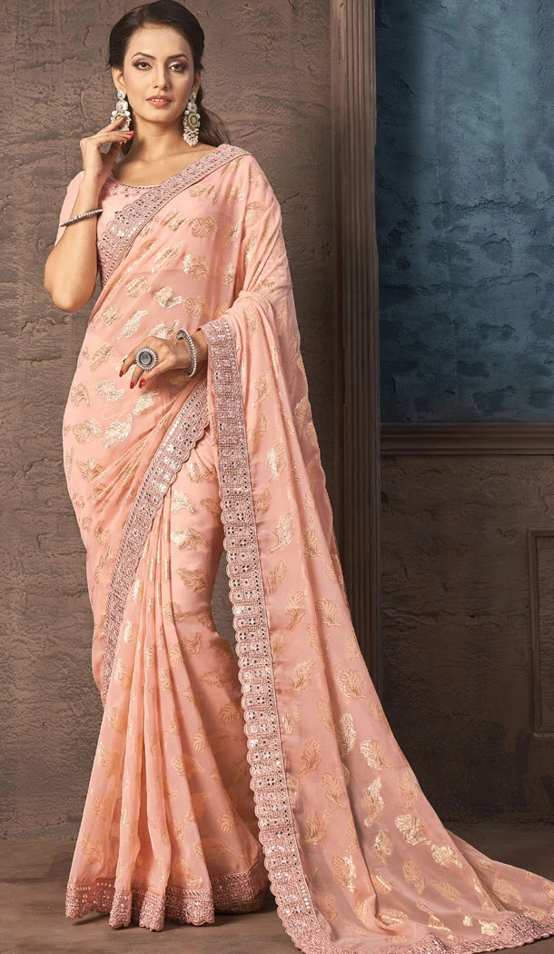 Georgette Embroidery Work Peach Color Indian Saree - 8618183331