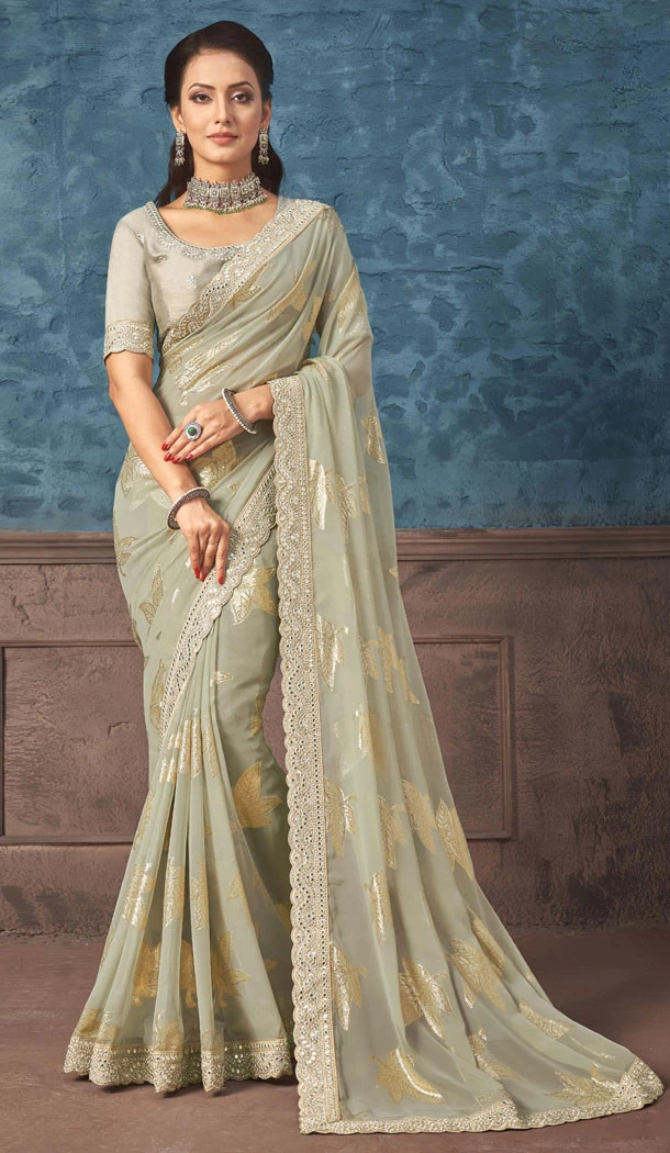 Georgette Embroidery Work Grey Color Indian Saree - 8618183332