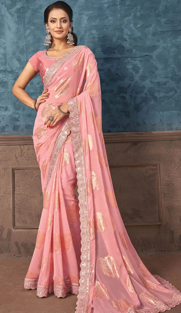 Georgette Embroidery Work Pink Color Indian Saree - 8618183333