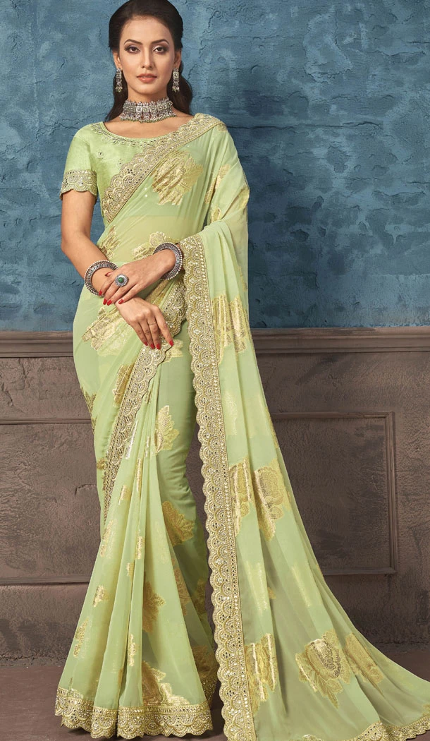 Georgette Embroidery Work Pista Green Color Indian Saree - 8618183334
