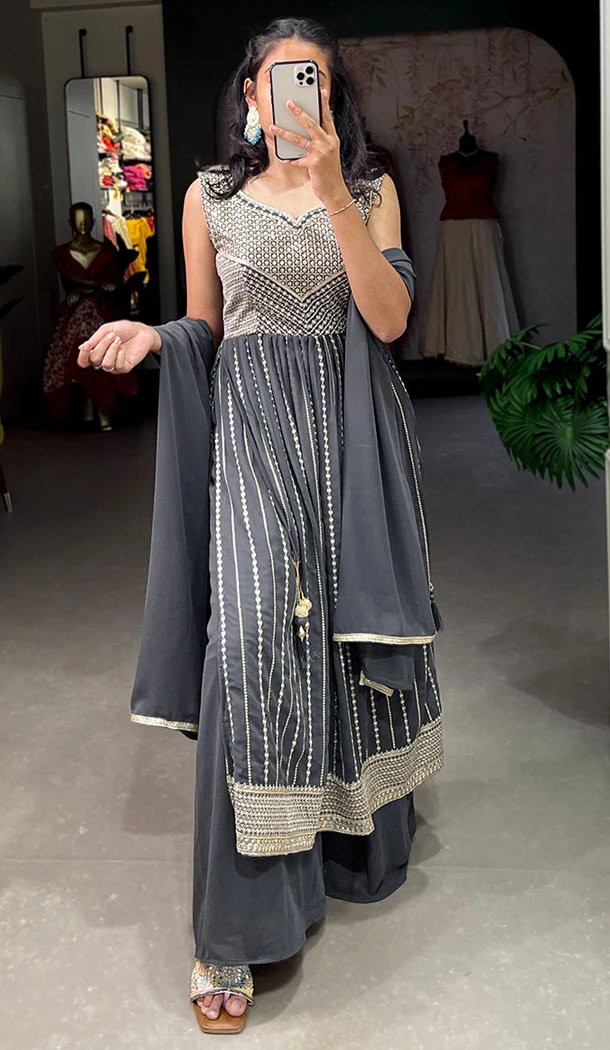 Georgette Grey Color Thread Embroidery Work Palazzo Suit - 8625183363