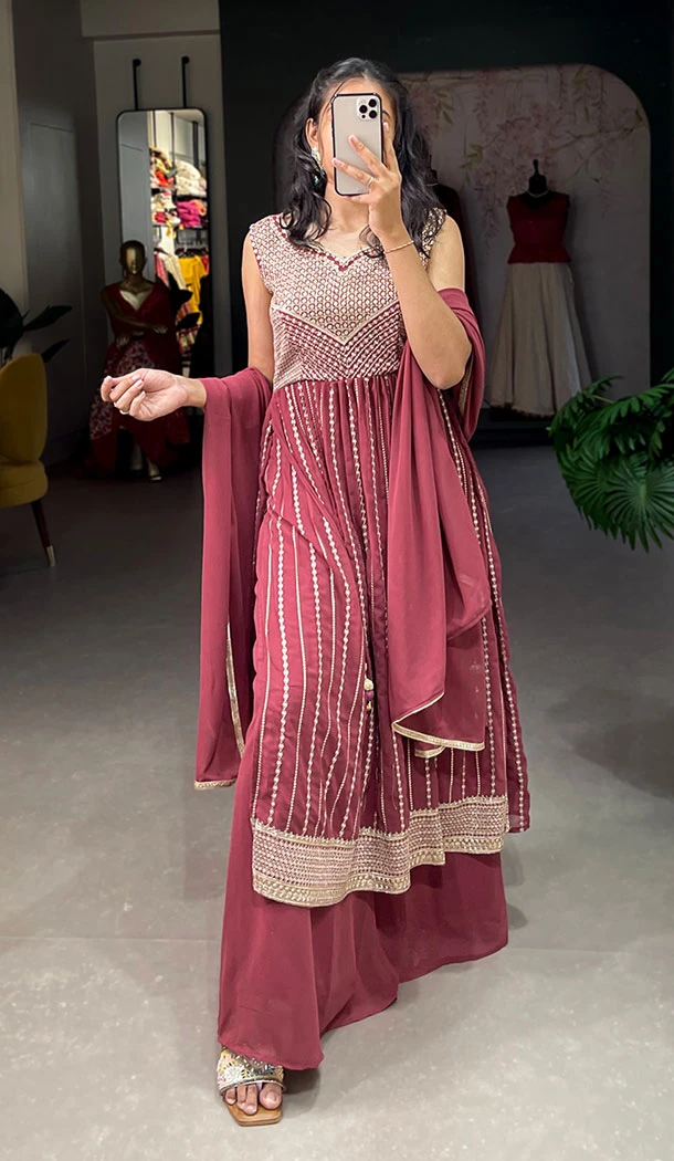 Georgette Pink Color Thread Embroidery Work Palazzo Suit - 8625183364