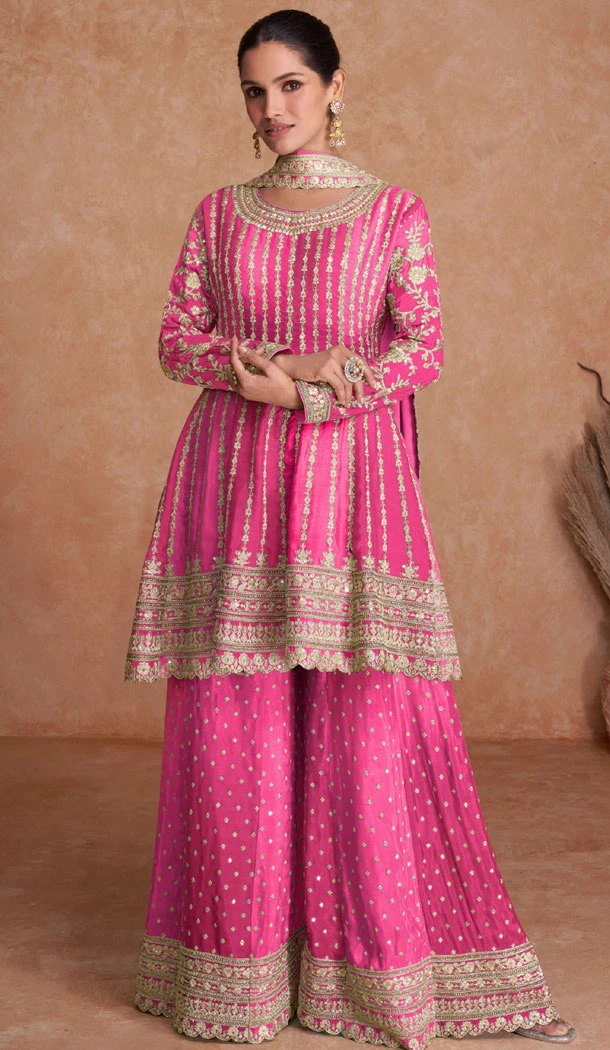 Real Chinon Embroidered Pink Color Readymade Palazzo Suit - 8627183371